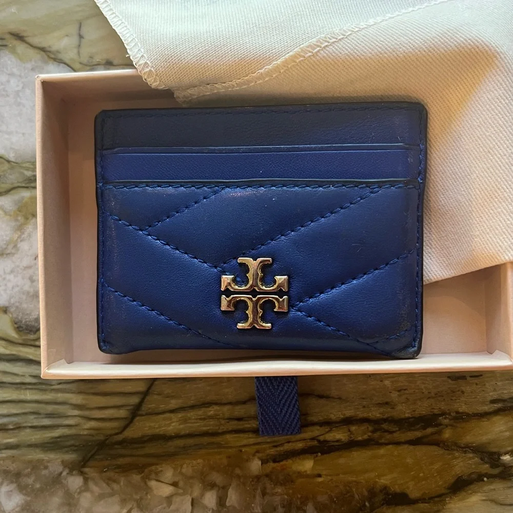 Tory Burch Blue Quilted Logo Card Holder with Gold Tone Emblem